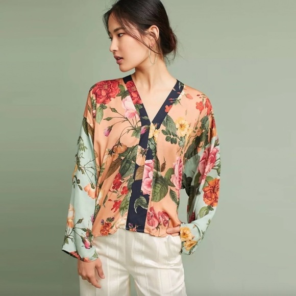FARM Rio Tops - Farm Rio Rose Floral Block Kimono Drawstring Boho Tie Blouse Top Size Small
